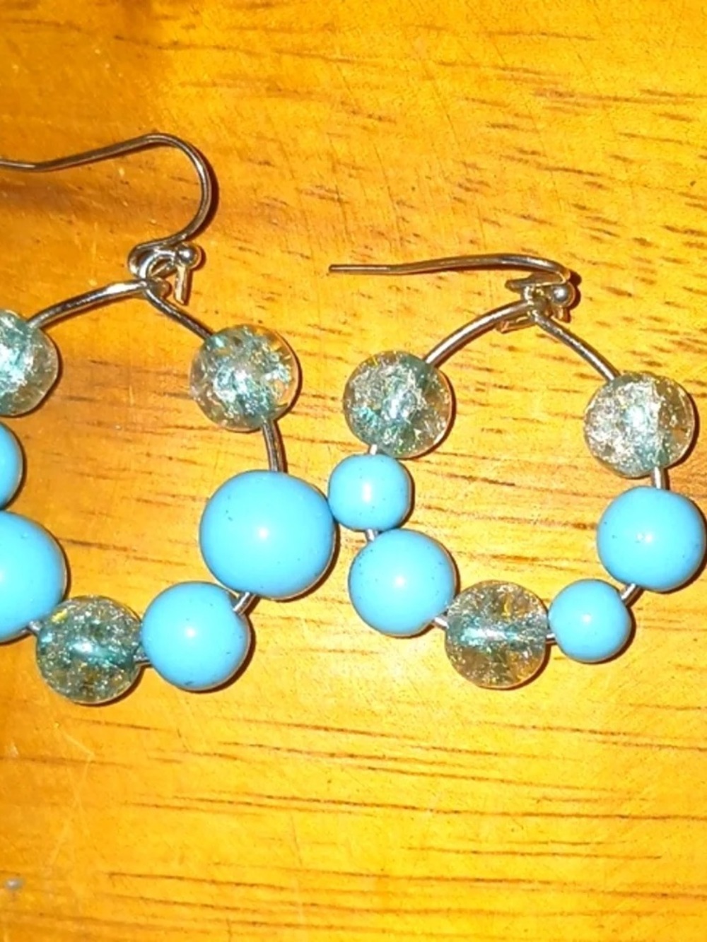 Turquoise Beaded Hoop Earrings - Blue Gold Accent